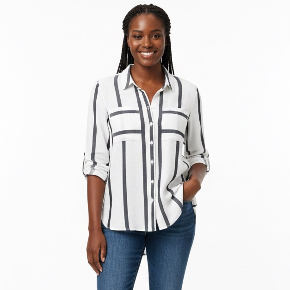 Alexander Jordan Women's Blouse LS Ivory/Black Stripes Rayon/Cotton Blend Size L